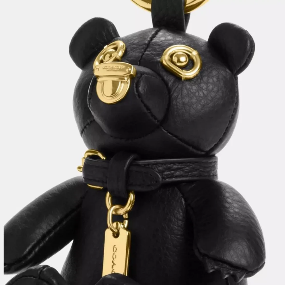 NWT Coach Bear Bag Charm Black Leather Purse Keychain FOB Canvas Signature - Picture 2 of 6